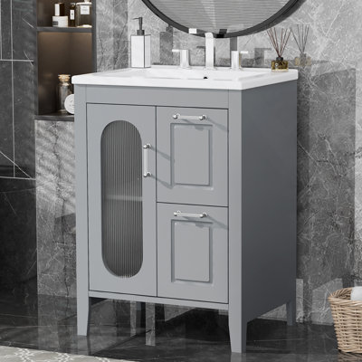 Meuble-lavabo de salle de bain avec lavabo, armoire avec deux tiroirs et porte, tablette réglable, fabriquée en bois massif et panneau de fibres à densité moyenne pour une utilisation durable