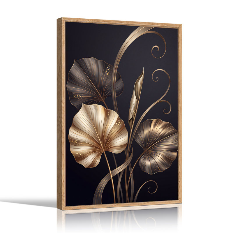 Feuilles métalliques dorées et bronze sur fond sombre, tableau sur toile, 24"H x 18"W