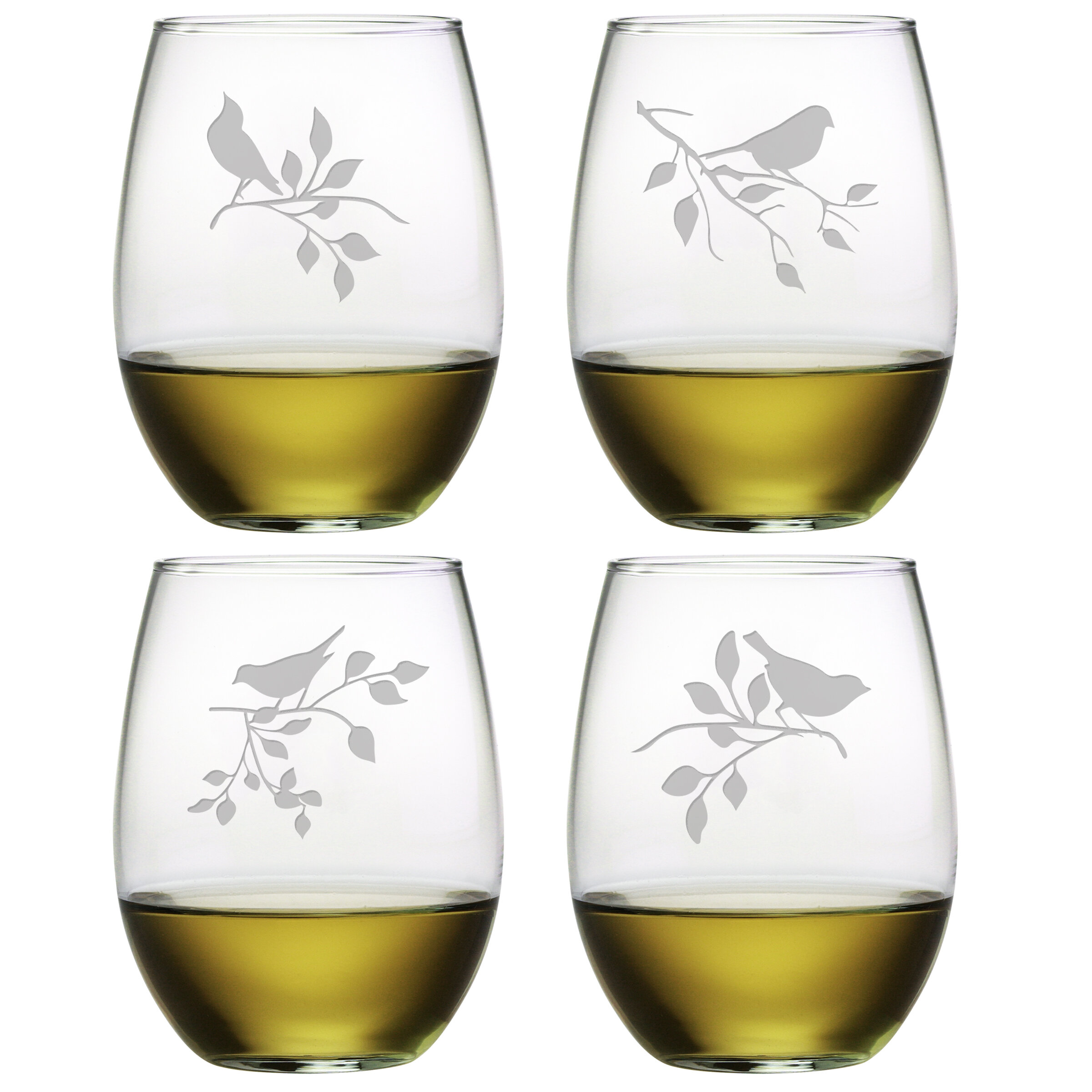 CITY CHIC SET OF 4 ETCHED STEMLESS WHITE WINE GLASSES EACH HAS DIFFERENT  DESIGN