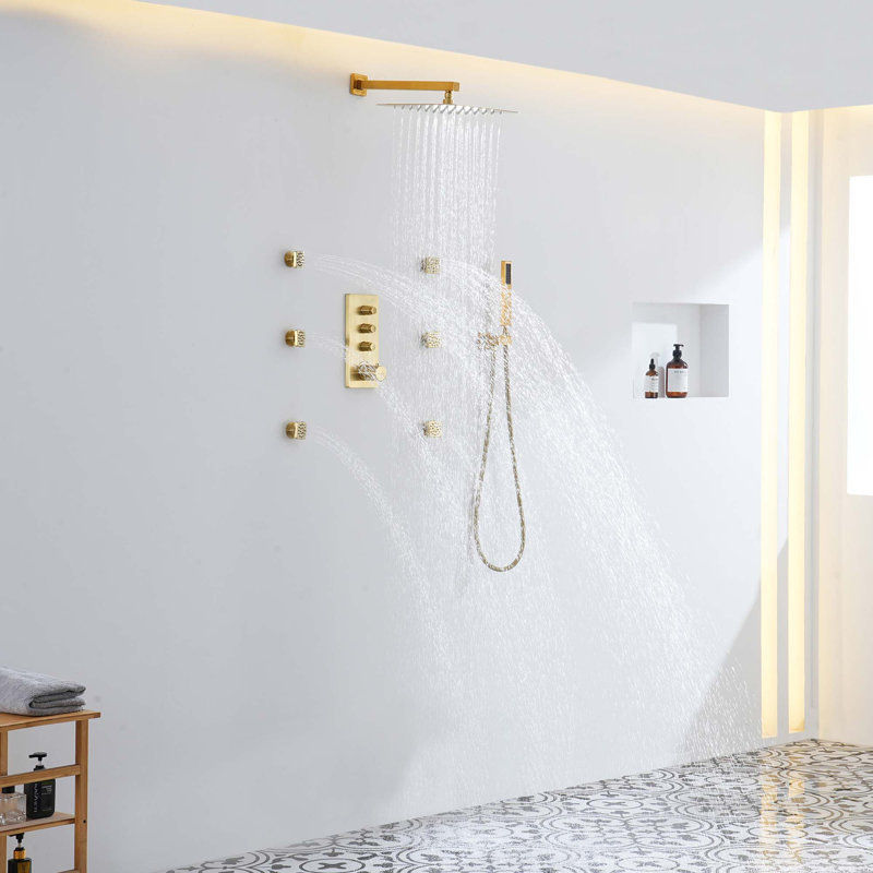 Système de douche thermostatique mural 3 fonctions 12 po, Or brossé