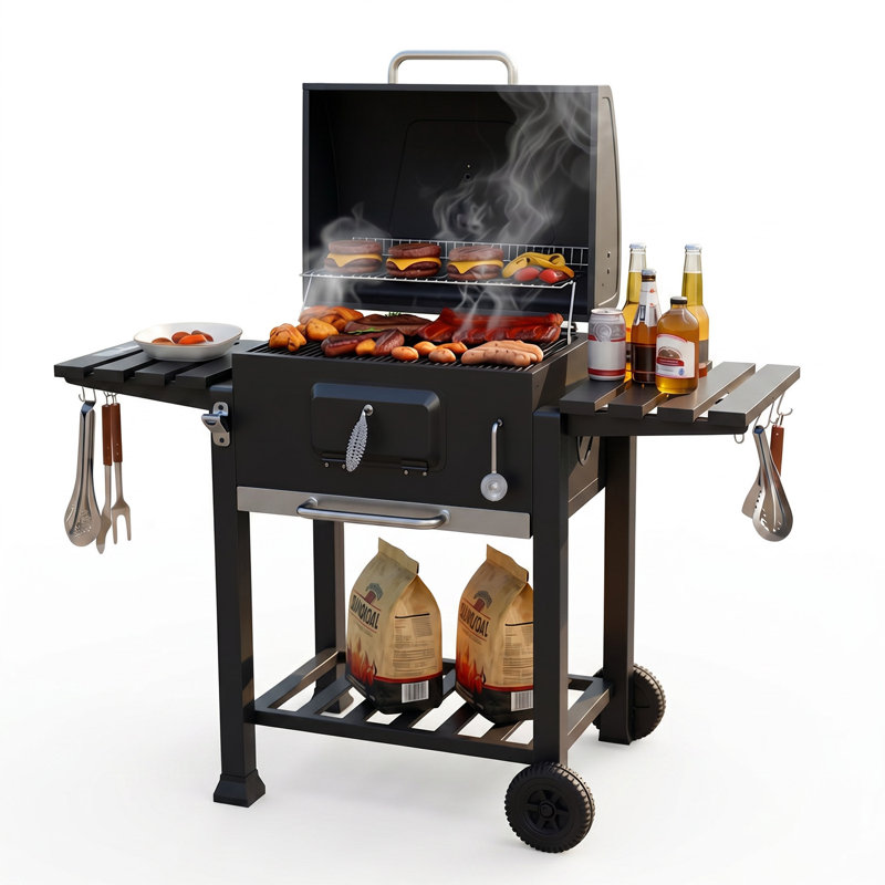 54" Backyard 577 Sq.In Charcoal Grill with Pull‑Out Ash Tray，Storage Shelf & Foldable Side Tables