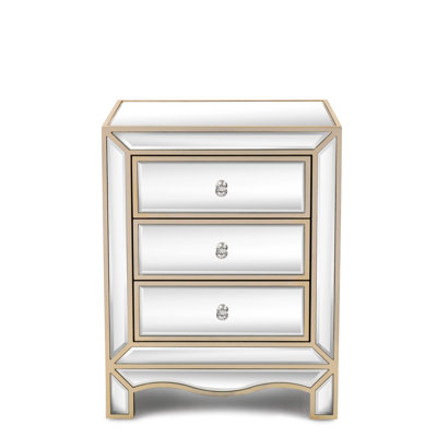 Commode 3 tiroirs avec miroir champagne attrayant. Et en verre épais. Idéal pour les salons, les chambres à coucher et les canapés. Résistant aux hautes températures, facile à nettoyer en douceur. Poignée en cristal