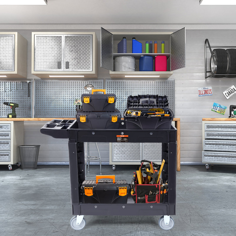 Chariot de service utilitaire, 2 tablettes, 250 kg, en plastique robuste, avec roues pivotantes à 360°, étagère à rebord moyen et poignée de rangement ergonomique. Parfait pour l'entrepôt, le garage, le nettoyage et le bureau.