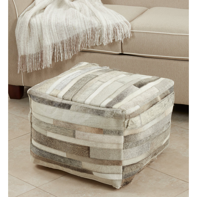 Posh Collection Leather Pouf, Gray Striped Genuine Leather