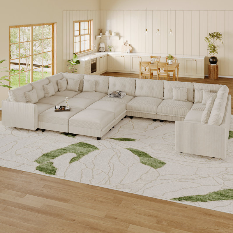 14 Seat Corduroy Convertible Modular Sectional Sofa With Storage, 12 Back Cushion 12 Throw Pillow, Beige Corduroy