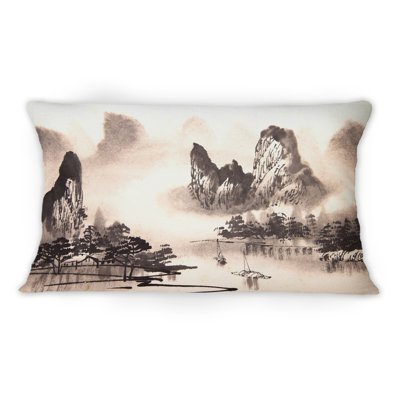 Monochrome Chinese Water Landscape -1 Traditional Printed Throw Pillow