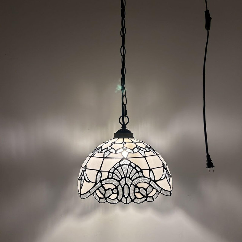 White Stained Glass Bronze LED Pendant Light, 60" Height