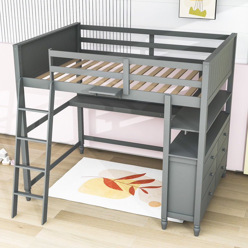 Dorie Kids 6 Drawers Wooden Loft Bed With Desk and Shelves, Full, Gray