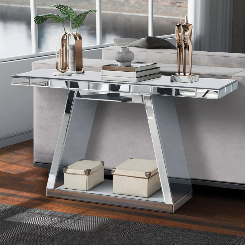 55.9" Modern Luxe Full-Body Mirror Entryway Table With Trapezoid Base – 360° Reflective Console Table, Sturdy Wooden Frame, Scratch-Resistant Design & Open Storage For Hallway, Living Room, Staircase