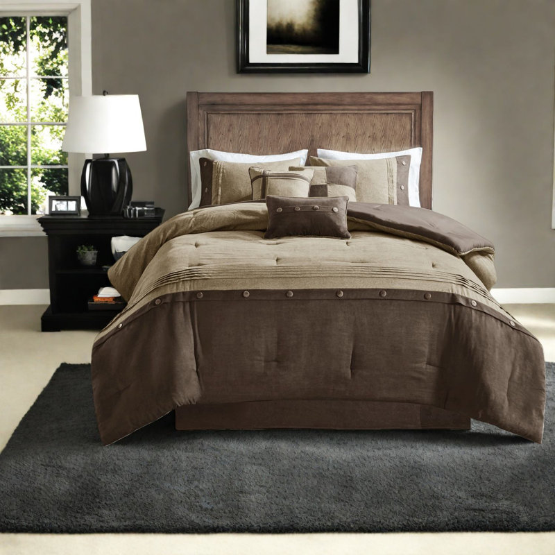 Rustic 7-piece Bedding Set, Faux Suede Comforter, Brown, Queen Size