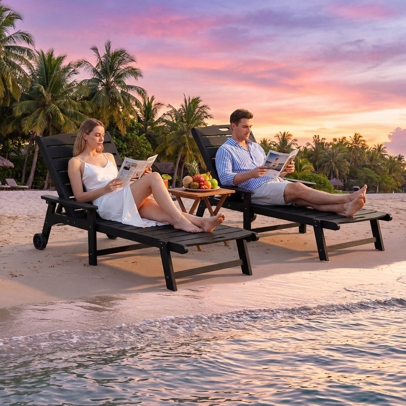 HDPE Chaise Lounges – Adjustable 5-Position Outdoor Recliners with Wheels & Cup Holders, Weather-Resistant for Patio, Pool, Garden, Black, Set of 2
