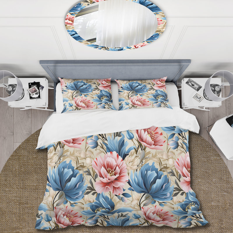 Ensemble de housse de couette bleu et rose Botanical Ikat Haven, Housse de couette pour très grand lit et 2 très