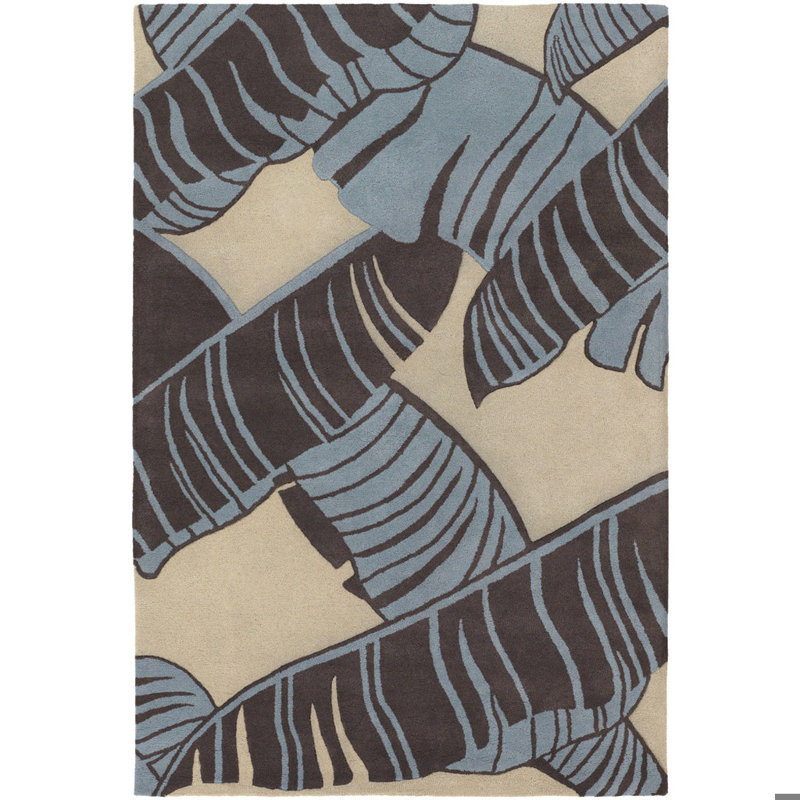Fitzgerald Authentic Hand-Tufted Handmade Blue, Grey & Ivory Modern Tropical Banana Leaf Wool Area Rug, Tan/ Gray/ Coral 