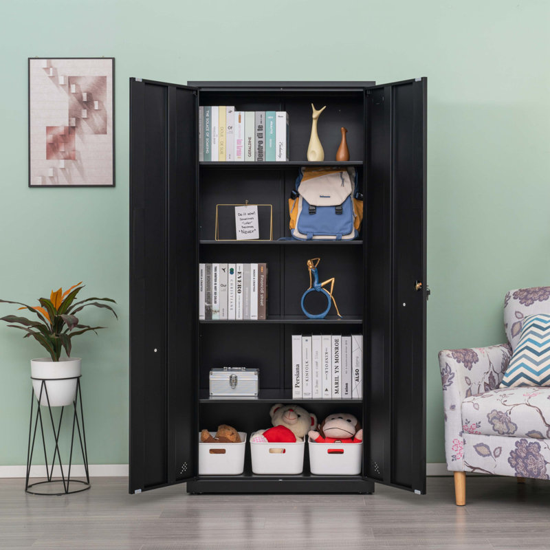 Armoire de rangement haute avec 2 portes et 4 cloisons pour séparer 5 espaces de rangement, Noir