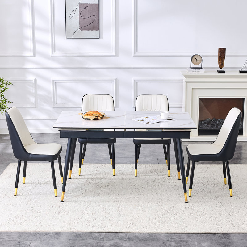 55'' - 79'' Extendable Sintered Stone Dining Table Set with Hidden Extension Leaf and Metal Legs, 5 Pieces: Table, 4 Chairs