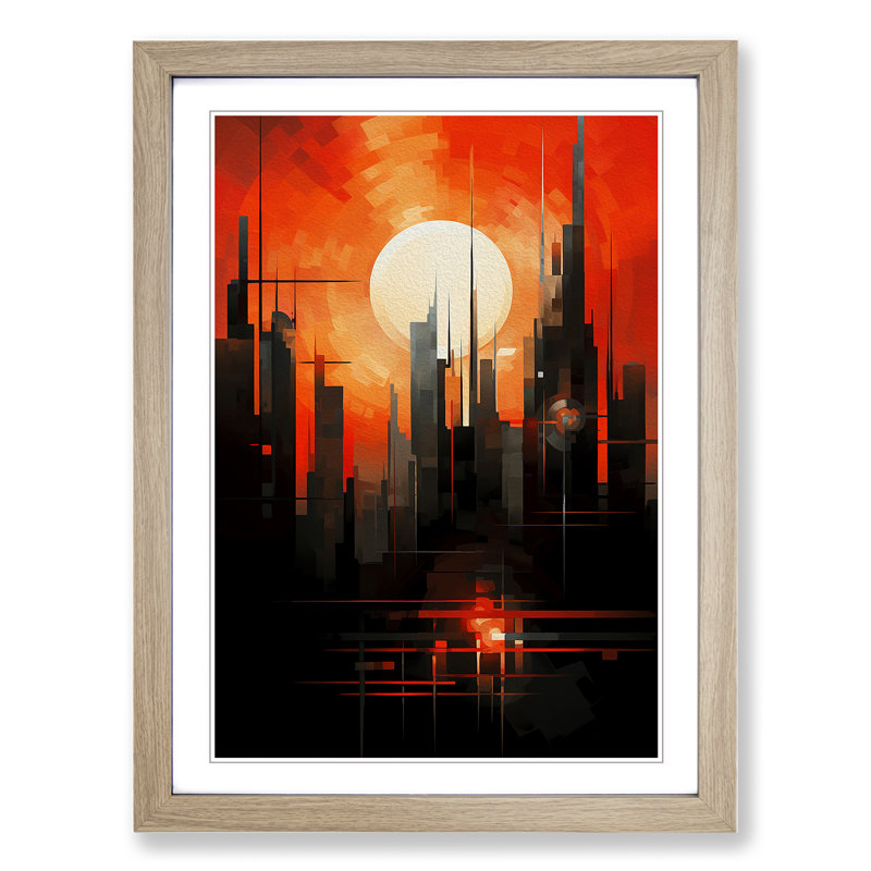 Sunset Constructivism No.2 - Single Picture Frame Print on Wood, 64cm H x 46cm W x 2cm D, Oak