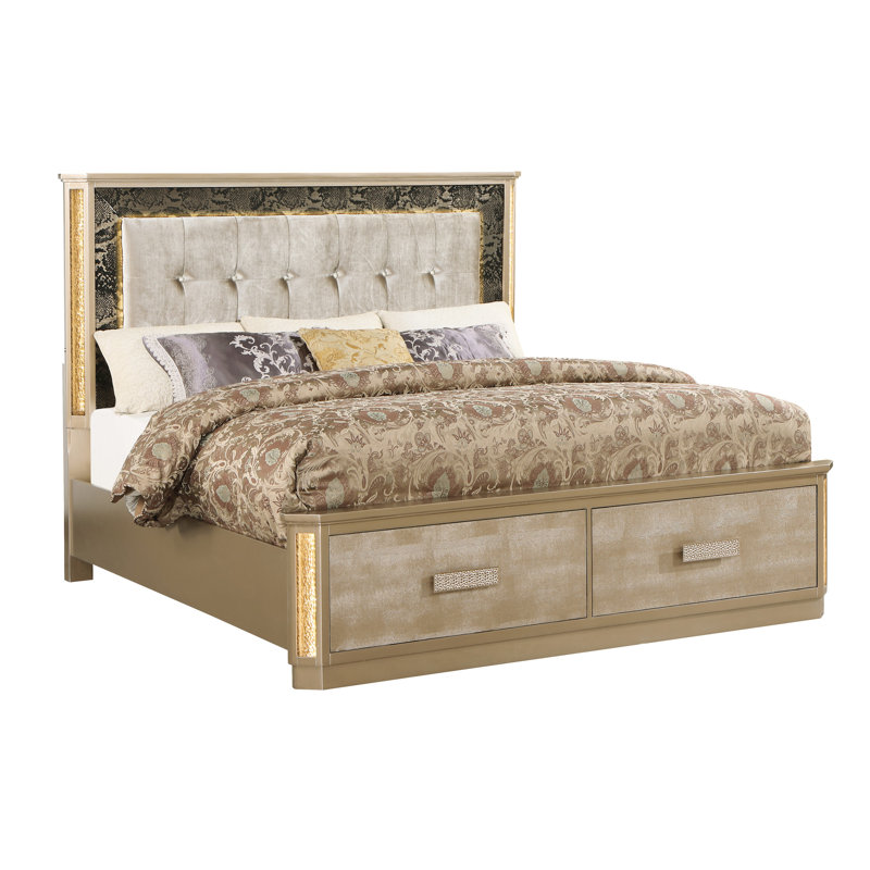 Grand lit à finition dorée avec tête de lit attrayante - taille en bois de fabrication dorée pour la chambre à coucher
