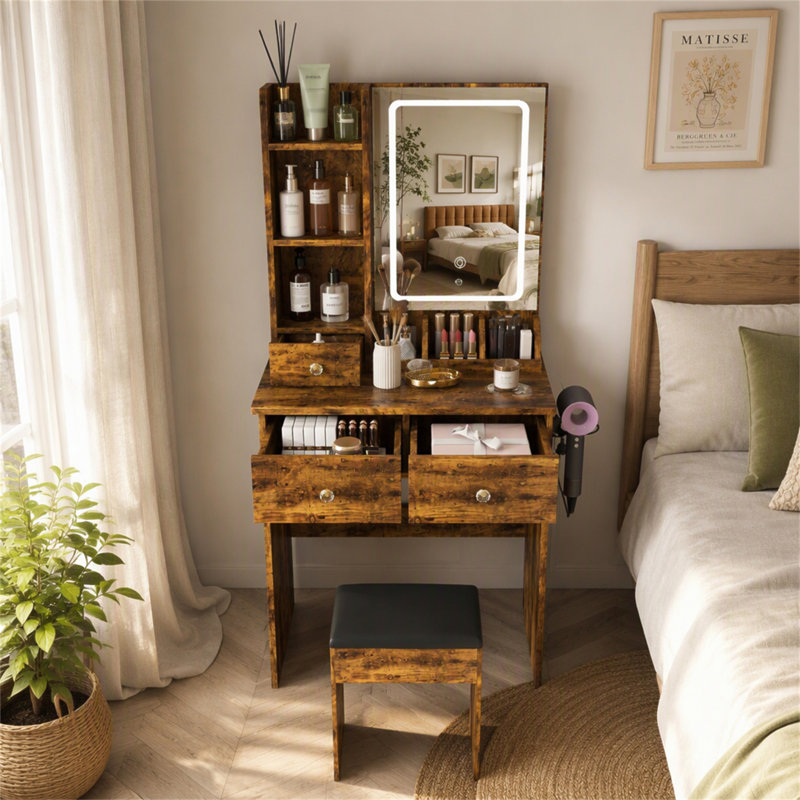 Bureau de coiffeuse avec tiroirs et tablettes de rangement, coiffeuse avec support pour sèche-cheveux et prise de courant, une coiffeuse