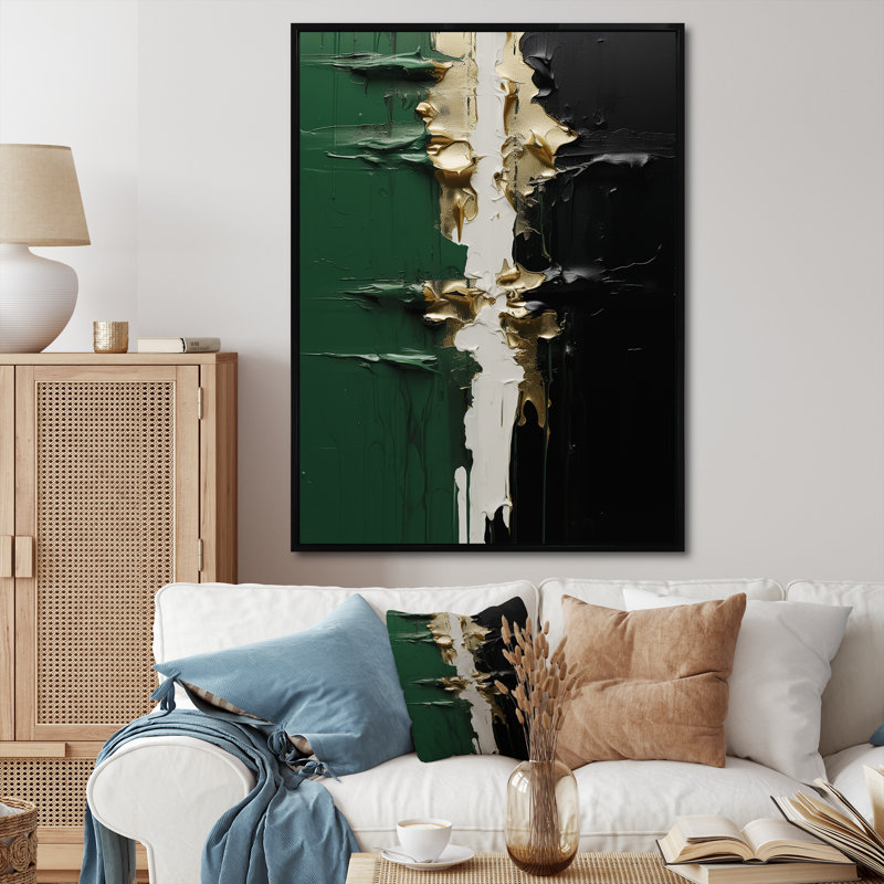 Encre dorée et encre noire II - peinture abstraite, art mural, Cadre flottant noir, H 44 po x l 34 po x P 1,5 po