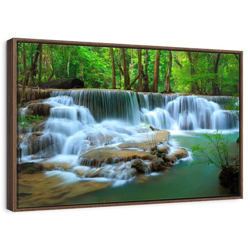 Cascade de la forêt profonde de Kanchanaburi, 46 po x 31 po, Cadre flottant en noyer