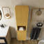 Armoire de salle de bain murale à rayures, avec portes, tablette et compartiment de rangement ouvert, couleur chêne doré-629164905
