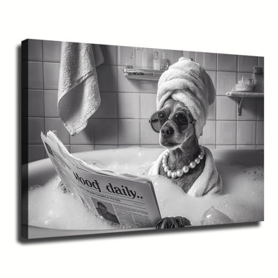 Funny Dog Reading Newspaper In Bubble Bath Art, Gallery Wrapped Canvas Wall Art Print For Living Room Bedroom