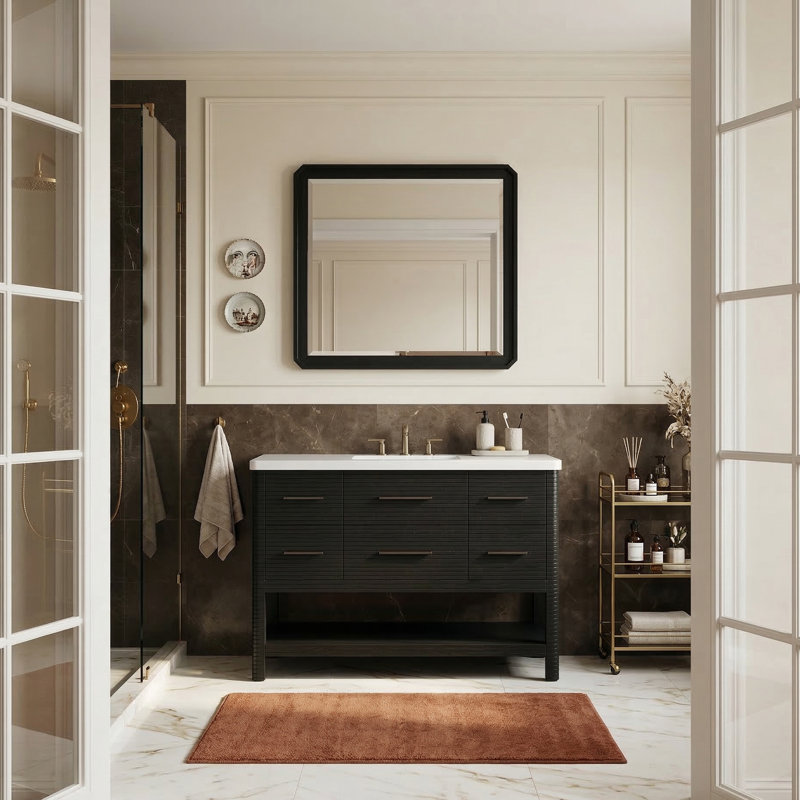 Meuble-lavabo en pierre noire et bois massif 48 po Oakwell, Noir, 48"