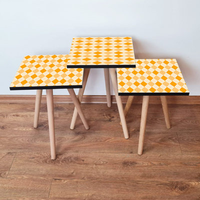 Modern Nesting Table Set (3 Pieces), Orange & Cream, 13.8 x 20.5 x 13.8 inches | 100% MDF with Beech Wood Legs, Stylish Argyle Design | Perfect for Living Room, Space-Saving & Functional Decor