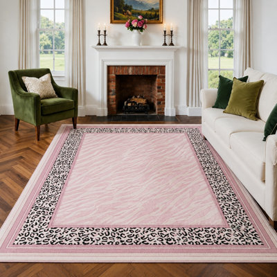 Tapis zébré à bordure léopard 9 pi x 12 pi à motif animal rose moderne lavable à la machine antidérapant