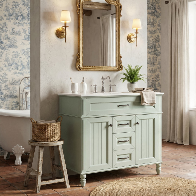 Ensemble de meuble-lavabo 36 po en bois massif et panneau de fibres à densité moyenne avec évier, armoire de rangement robuste avec portes à fermeture en douceur et 3 tiroirs (blanc / noir / vert)