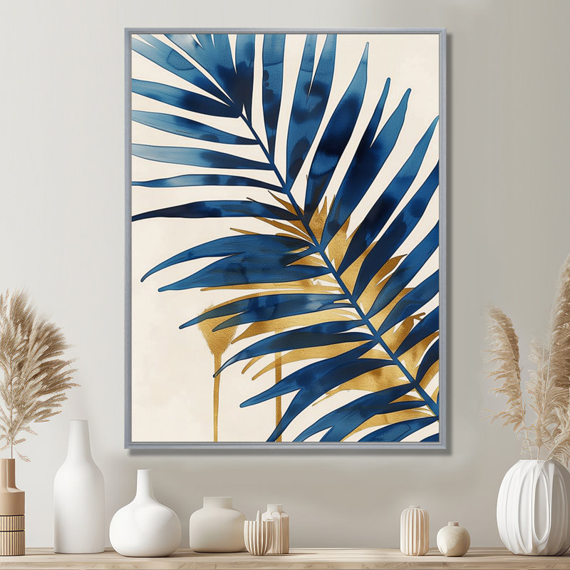 «Blue and Gold Palm Tree Leaves I» - impression d'art mural palmiers et palmiers, H 32 po x l 24 po