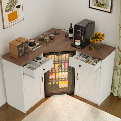 Functional Corner Bar Cabinet with Beverage Cooler Stand, Charging Station, Adjustable Shelves, White Barn Doors. Wooden Mini Fridge Storage for Living Room & Dining Room