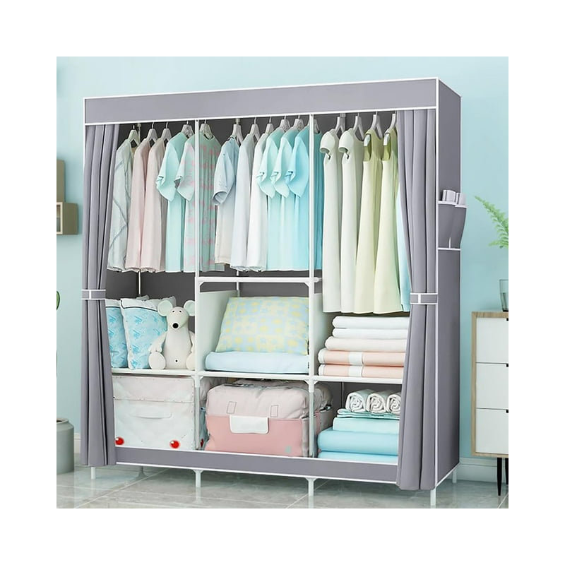 Wardrobe Closet Storage with 3 Hanging Rods, Portable Closet Organizers and Storage, Clothes Rack Shelf Garment Cabinet, Tool Free Assembly, Gray