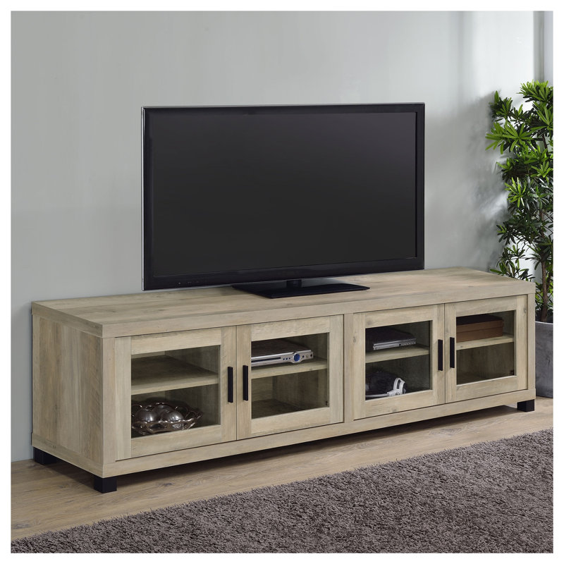 Meuble TV Heron en pin vieilli de 79 pouces (200 cm) pour téléviseurs jusqu'à 85 pouces (216 cm), console multimédia en bois d'ingénierie avec étagères réglables et portes vitrées