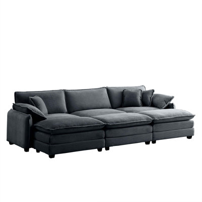 Oversized modular cushioned sofa,with 3 ottomans to work as sleeper sofa beds, 3-seater sofa with 3 footstools corduroy fabric
