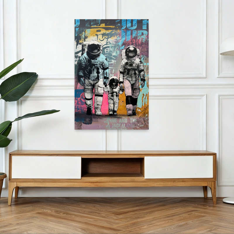 Astronaut Family Walk Colorful Contemporary Modern Urban Wall Art Print 1 Piece Wrapped Canvas Wall Art