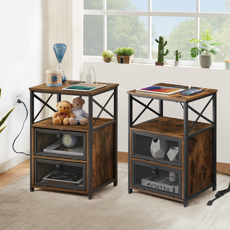 Nightstand Set With Charging Station End Side Tables Set With Storage Drawers And USB Ports & Power, Rustic Brown