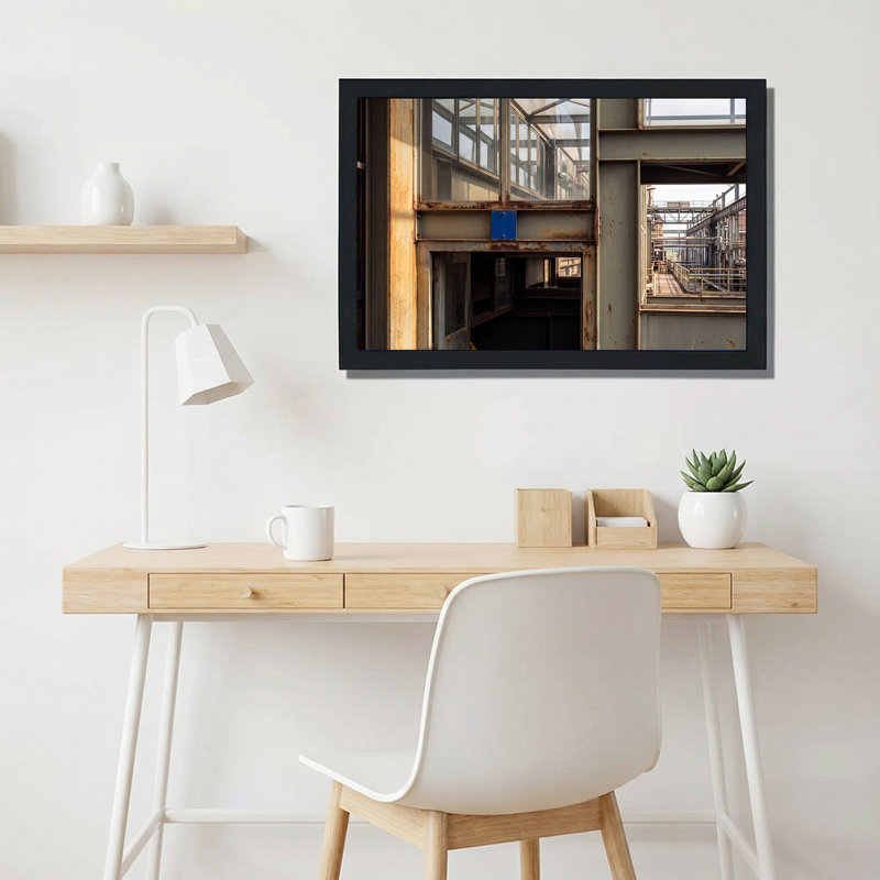 Tableau mural en toile carrée bleue avec cadre en acier industriel gris rouille et panneau carré en acier, 12"H x 18"W