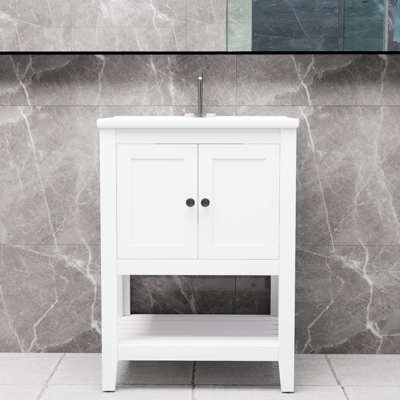Blanc élégant meuble-lavabo moderne en céramique avec tablette ouverte en bois massif