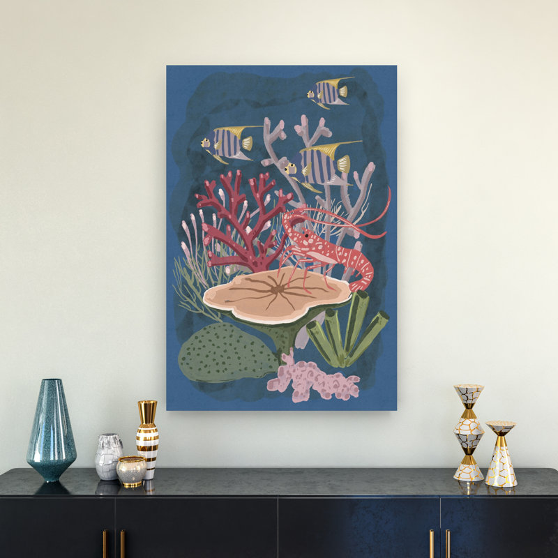 Angelfish And Lobster Reef Colorful Vibrant Fish Lobster Nature Ocean Wall Art Print by Nicholas - Wrapped Canvas Print