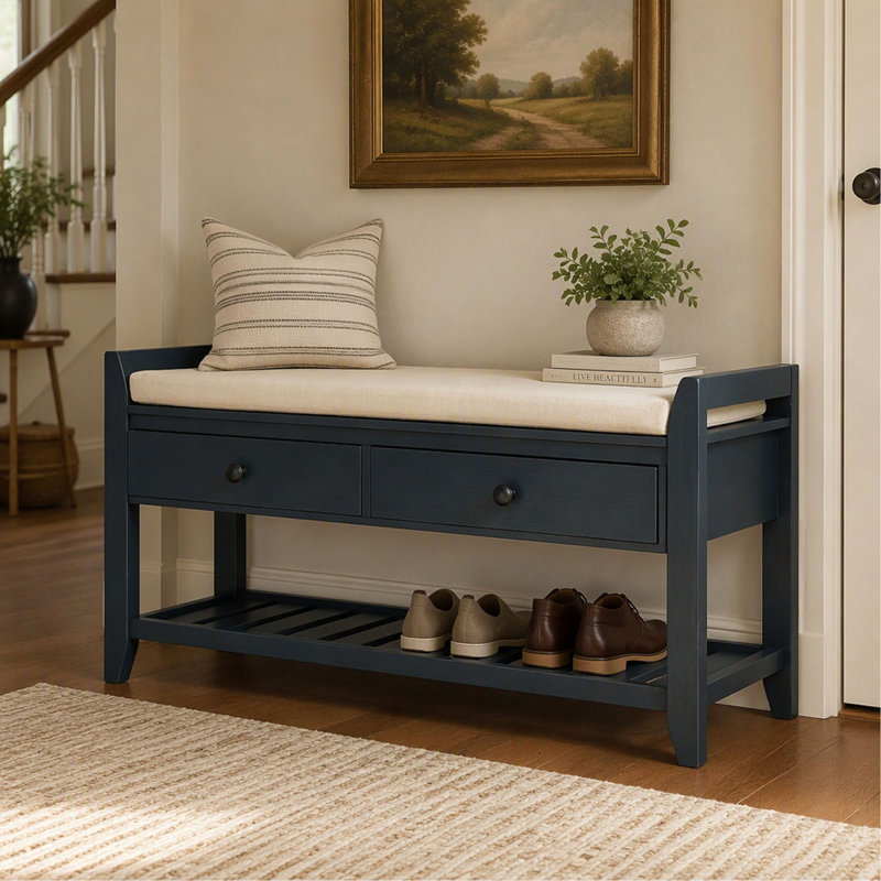Étagère à chaussures avec siège rembourré et tiroirs, banc de rangement multifonctionnel pour entrée ou couloir, Antique Navy