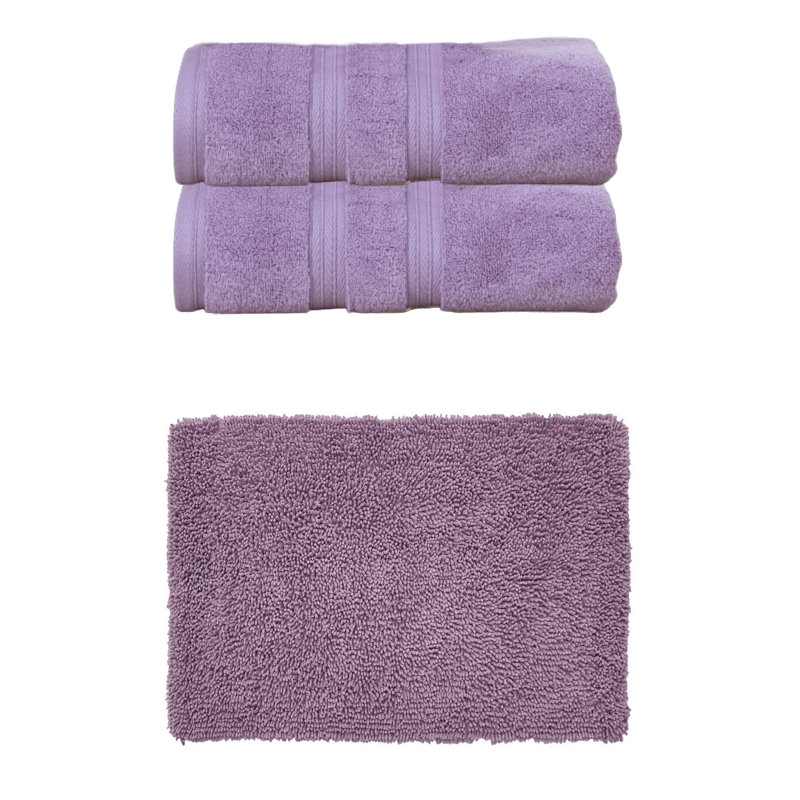 Ensemble de serviettes de bain 100% coton doux 2 pièces et 1 tapis de bain 21x34 "Fantasia Collection, (ensemble de 3), Mauve
