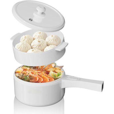 Marmite électrique 1,5 L avec cuiseur à vapeur, antiadhésif en céramique, cuiseur de voyage portatif pour ramen / steak / riz frit / soupe / œuf avec contrôle de puissance double
