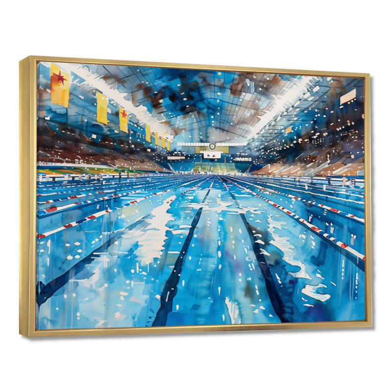 Piscine olympique avant la course I - Décoration murale de natation, Toile avec cadre flottant or