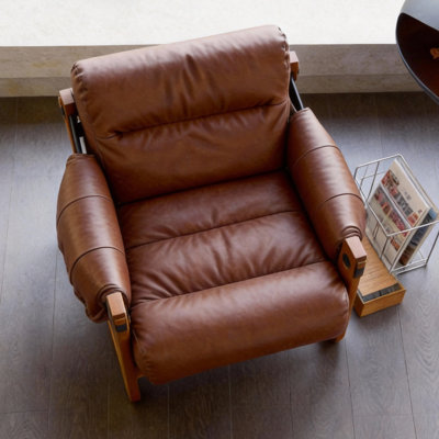 Brown Waxed Leather Armchair, 95cm Mid-Century Design with Pillow-Top Arms and Solid Wood Frame Fast Dispatch From UK Warehouse – Dispatched Within 2 Days