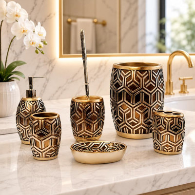 Ensemble d'accessoires de salle de bain géométrique 6 pièces avec distributeur de savon, gobelet et corbeille