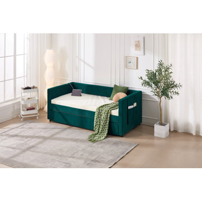 Lit de jour simple rembourré avec lit gigogne, port USB, poches latérales, dossier à profil en V moderne, aucun sommier nécessaire, pour chambre à coucher, chambre d'amis