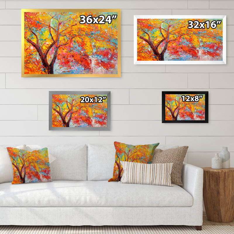 Arbre en orange jaune et rouge - reproduction d'automne sur toile, Toile avec cadre noir, H 8 po x l 12 po x P 1 po