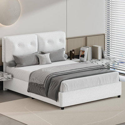 Bed Frames with Headboard, Boucle Bed Frame with Upholstered Headboard, Removable Upholstery, Wooden Slats Support, No Box Spring Needed