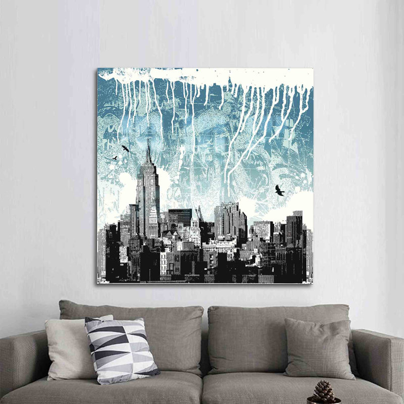 Paysage urbain urbain, art mural en verre avec silhouette de ville pour une décoration moderne, H 35,4 po x l 35,4 po